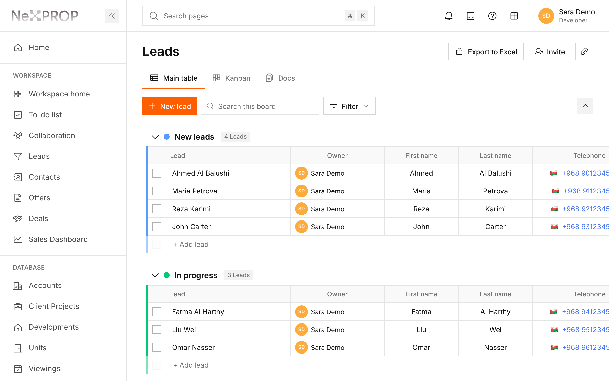 The NexProp CRM leads board, shown with sample data