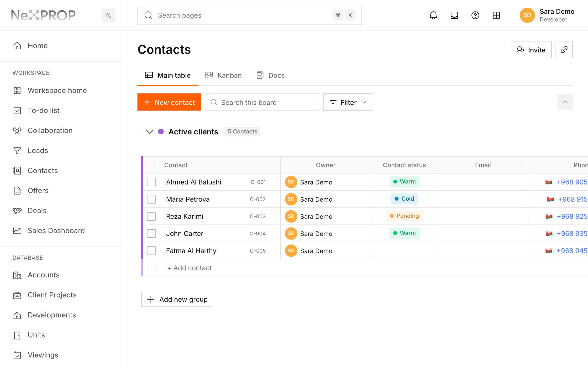 Contacts with their property demand, shown with sample data
