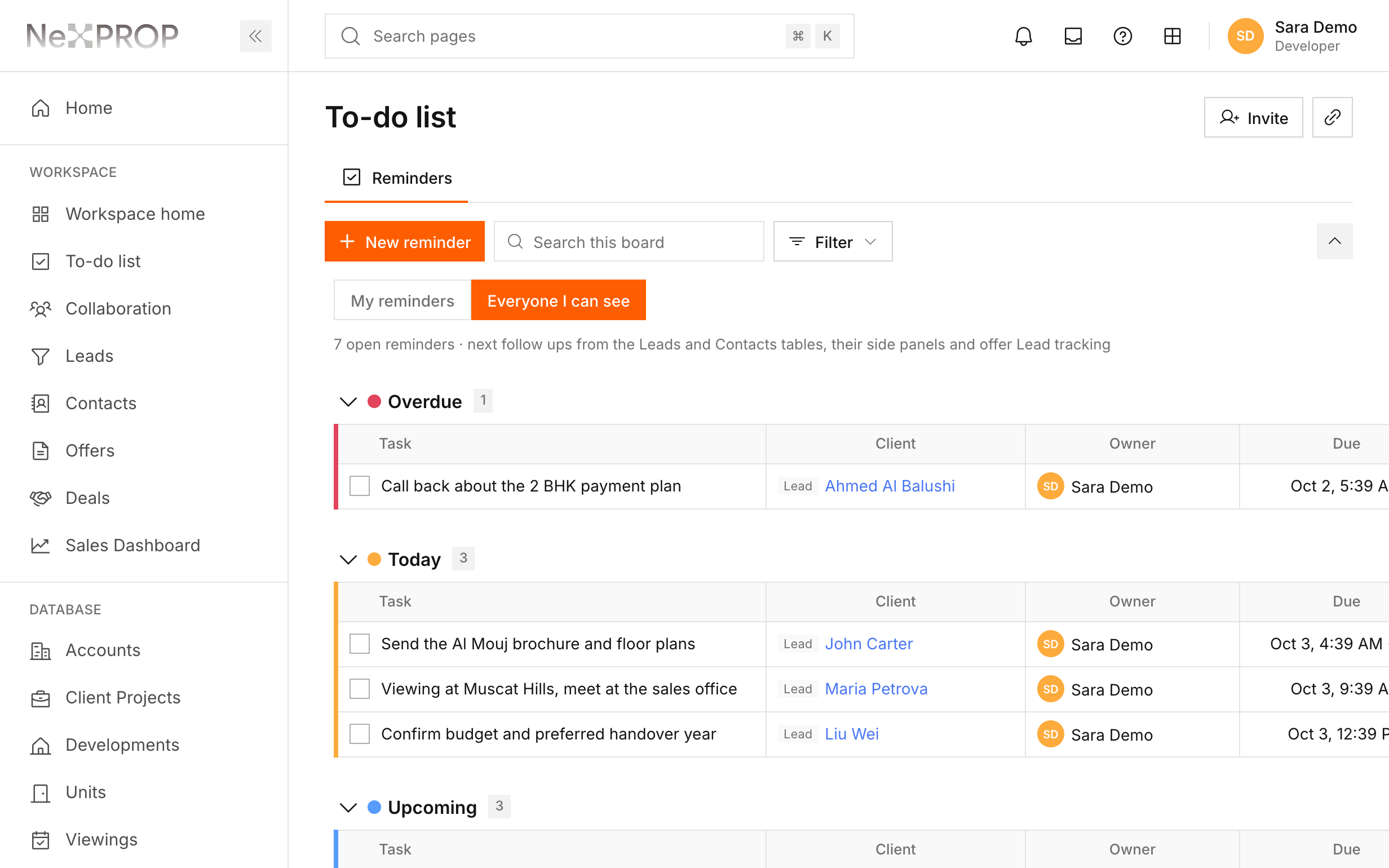 An agent's to-do list of follow ups, shown with sample data